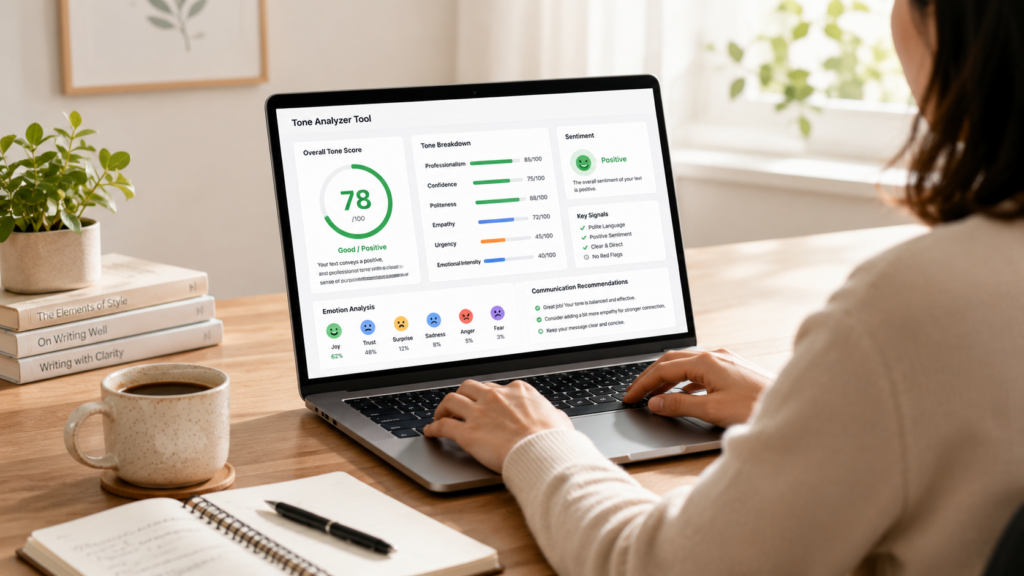 Professional reviewing written communication with a Tone Analyzer Tool